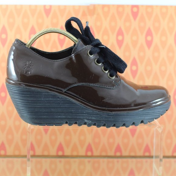 Fly London Chocolate Brown Patent Leather Wedges - Picture 2 of 16